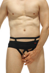 Black mesh and elasticated men’s briefs with cut-out design thong celon bee black showing front view