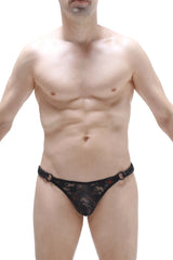 Black lace thong with braided trim and metal rings at the sides from the back in thong chains lace black style