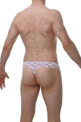 White PetitQ cheeky thong featuring a repeating pattern of pink cartoon cat faces on the front side