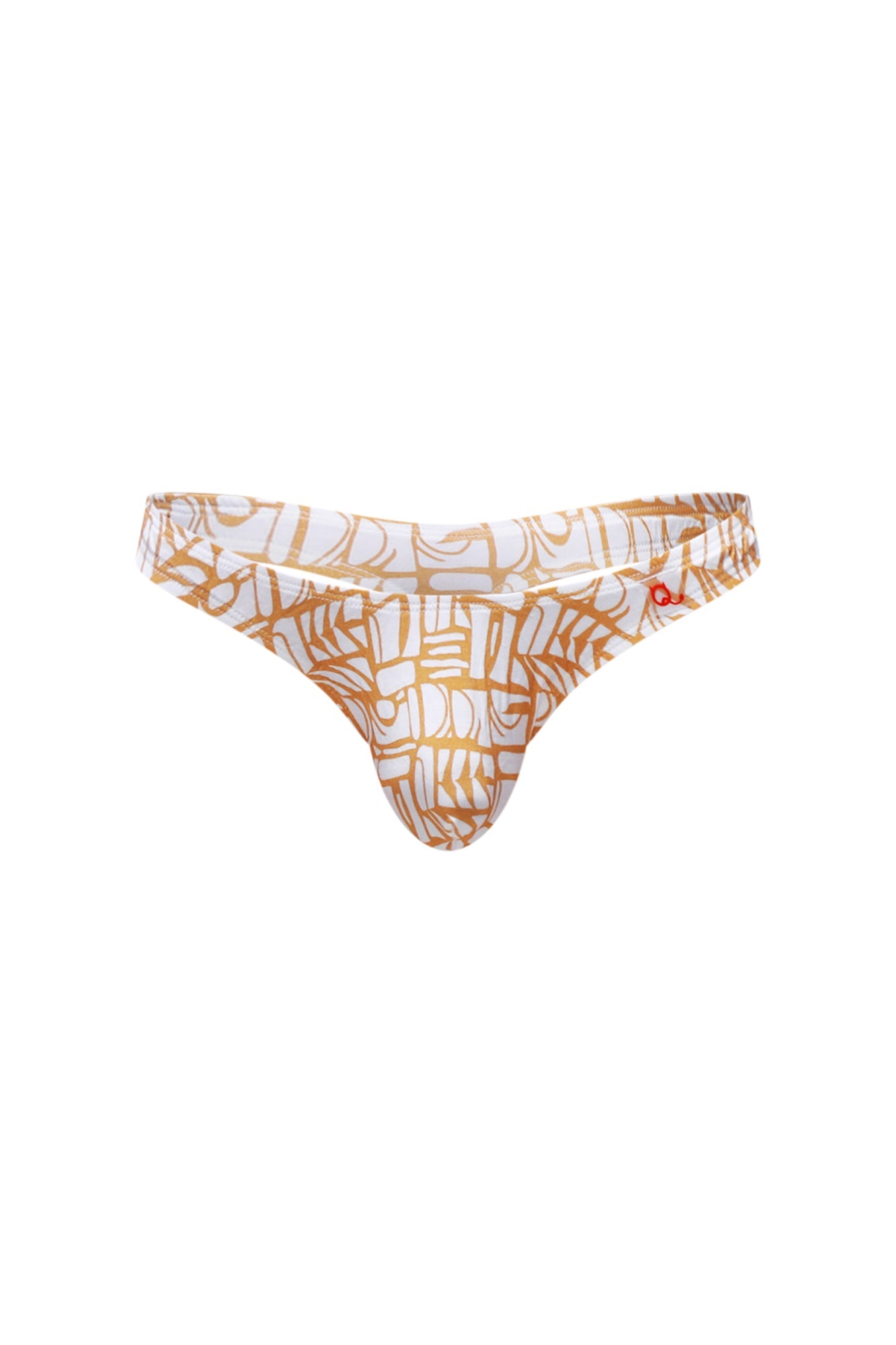 PetitQ thong chill carlot alloy white and gold patterned thong with bold abstract geometric design front view