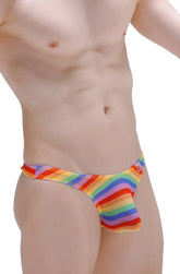 Rainbow-striped men’s thong chill net with a snug fit and vibrant diagonal stripes in classic rainbow colors