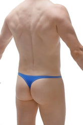 Blue thong chirols featuring white stitching along edges shown from the back side