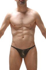 Black glossy latex thong chirols olive with small red logo on left hipband shown from front side