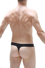 Black thong underwear with narrow waistband and minimal coverage shown from the back in thong cockring achein black