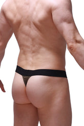 Black thong coren olive with subtle camouflage pattern on fabric shown from the back side
