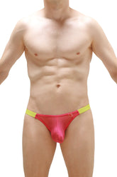 Bright pink shiny satin briefs with yellow waistband in thong cornil net fuchsia design front view