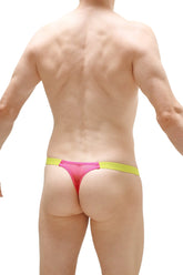 A vibrant pink and neon yellow mesh thong with a sleek form-fitting design called thong cornil net fuchsia