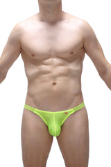 Neon yellow thong cornil net mesh briefs with bright neon green fabric and small red logo on left hipband