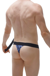 Blue and black patterned thong doggy camo blue briefs with solid black waistband front view