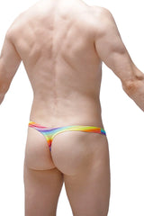 Rainbow-colored stretchy fabric thong dome andiol with vibrant gradient design shown from the back side