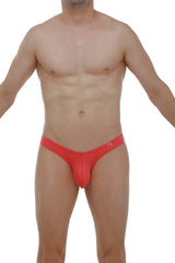 Red men’s thong briefs in modal fabric with a snug fit and small logo on the waistband in fuchsia color