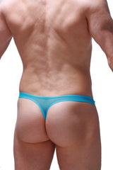 A translucent turquoise thong dome net maya blue with smooth sheer fabric and narrow waistband shown from the back