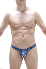 Petitq thong dome new denim blue patterned men’s briefs with white abstract design in soft breathable fabric