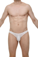 White men’s thong dome skine white made of smooth stretchy fabric with a subtle logo on the waistband