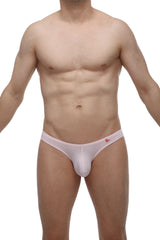 Pink sheer men’s thong with a small red logo on the waistband made from bamboo fabric for comfortable wear