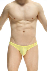 Bright yellow sheer mesh thong dome plum yellow briefs with small red logo on the waistband