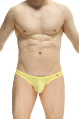 Bright yellow sheer mesh thong dome plum yellow briefs with small red logo on the waistband