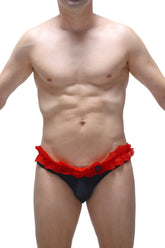 Black thong Fremir with vibrant red lace trim showcasing front side design in soft lace material