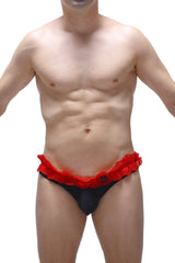 Black thong Fremir with vibrant red lace trim showcasing front side design in soft lace material