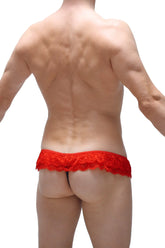 Red lace thong with intricate floral patterns showcasing the back side of thong frou-frou black product