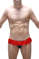 Red lace-trimmed men’s briefs thong frou-frou black with black inner lining front view