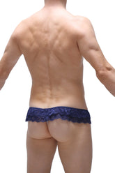 Navy blue lace thong showing the back side in the thong frou-frou white collection