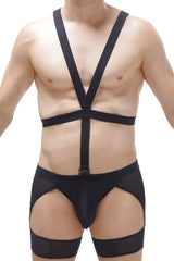 Black thong harness mece bodysuit with mesh panels and adjustable straps showing back side details
