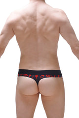 Black thong with red symbolic patterns along the waistband featuring a thong hole cockring for boudoir use back view