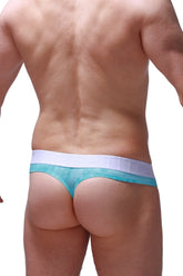 Teal and white mesh thong with wide waistband shown from the back for thong hole cockring marbre green product