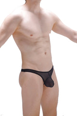 Black sheer mesh thong with solid waistband featuring detachable net for thong lasso cockring product shown from back