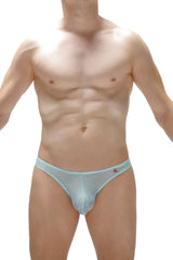 Light blue sheer mesh briefs with a small red logo on the waistband from thong lasso cockring net teal collection