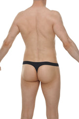 Black thong underwear with smooth seamless fabric shown from the back in the thong lasso cockring plum black product