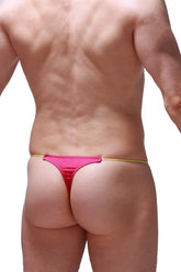 A vibrant pink shiny fabric thong with a yellow elastic waistband in the thong lolif joe framboise style