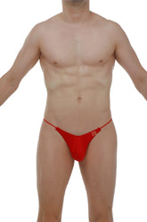 Red men’s thong lolif joe with thin straps and small square logo on the side in a vibrant red color