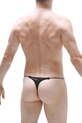 Black lace thong lolif with a thin elastic waistband showing front view in black lace material