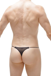 Black sheer mesh thong lolif net with a thin elastic waistband shown from the back