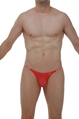 Red glossy fabric thong lolif plum crimson with thin straps and small front logo designed for comfortable wear