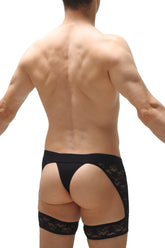 Black lace garter belt with sheer patterned design from thong maiserey lace black collection
