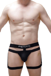 Black petitq thong maizey briefs with sheer mesh design and side straps shown from the back side