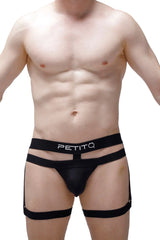 Black petitq thong maizey briefs with sheer mesh design and side straps shown from the back side