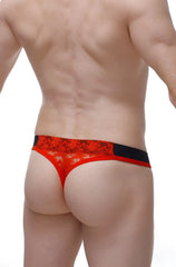 Red lace thong maulay lace red with black trim showing front side lace detailing and delicate fabric design