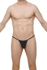 Black thong Migny plum with thin elastic waistband and small red logo on front in soft stretch fabric