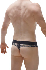 Black and gray camouflage mesh thong briefs with solid black waistband men’s underwear front view
