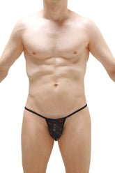 Black lace thong migny with a subtle floral pattern and a small red logo on the front in black lace material