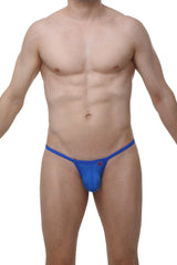 Blue men’s thong with a small red logo on the front from the thong migny plum blue collection