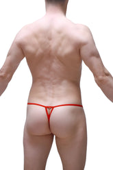 Red thong with triangular cutout design in plum red color showcasing the front side of thong migny plum red