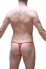Red thong with triangular cutout design in plum red color showcasing the front side of thong migny plum red