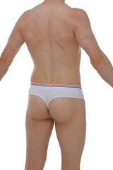 PetitQ thong Anjouin modal white briefs with a narrow red white and blue striped waistband in front view