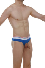 Blue athletic briefs with white and red striped waistband made of modal fabric petitq thong anjouin blue