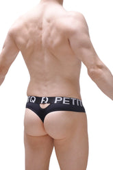 Black thong moree with a wide waistband featuring white petit lettering and a distinctive cutout design on the back